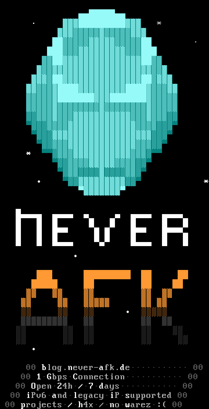 Ein Tron Bit als ANSI-Art mit der Überschrift never-afk.